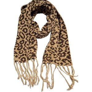 Leopard Print Womens Knit Winter Scarf Brown‎ Tan Neutral Fringe Animal Print